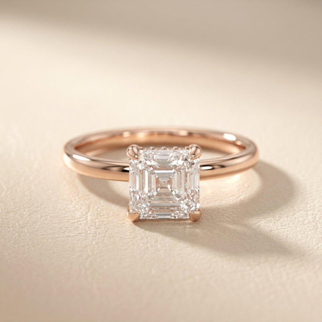Asscher Cut Lab Grown Diamond Engagement Ring in Rose Gold showing hidden halo detail