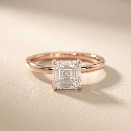 Asscher Cut Lab Grown Diamond Engagement Ring in Rose Gold showing hidden halo detail