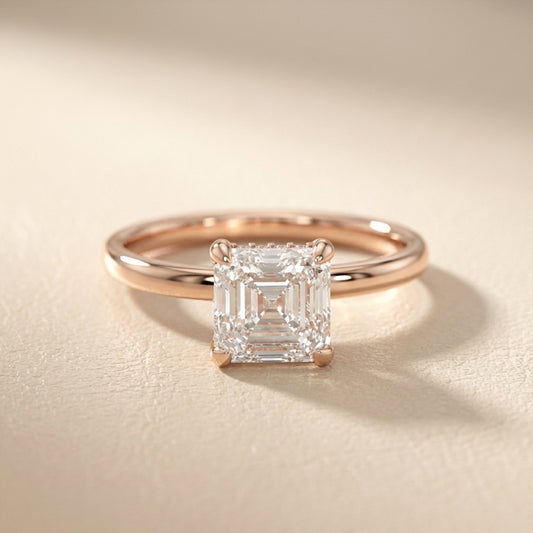 Asscher Cut Lab Grown Diamond Engagement Ring in Rose Gold showing hidden halo detail