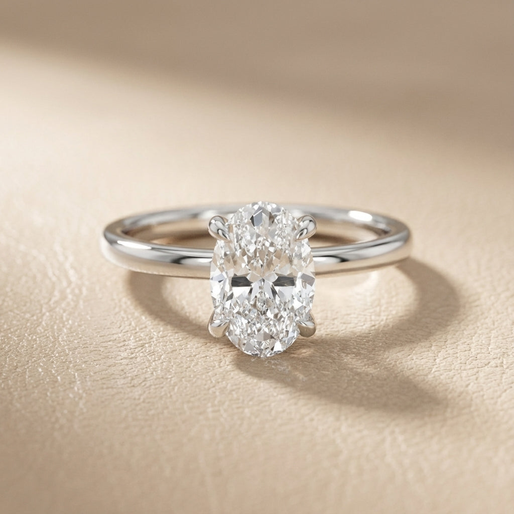 Oval Cut Lab Grown Diamond Solitaire Engagement Ring in Silver with Hidden Halo Accent