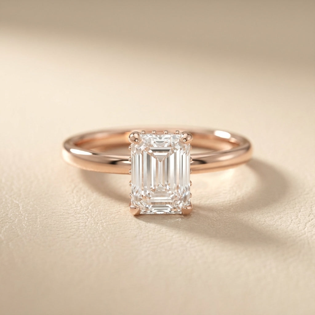 Emerald Cut Lab Grown Diamond Solitaire Engagement Ring in Rose Gold showing side profile with hidden accents