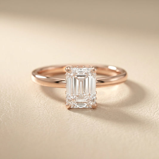 Emerald Cut Lab Grown Diamond Solitaire Engagement Ring in Rose Gold showing side profile with hidden accents