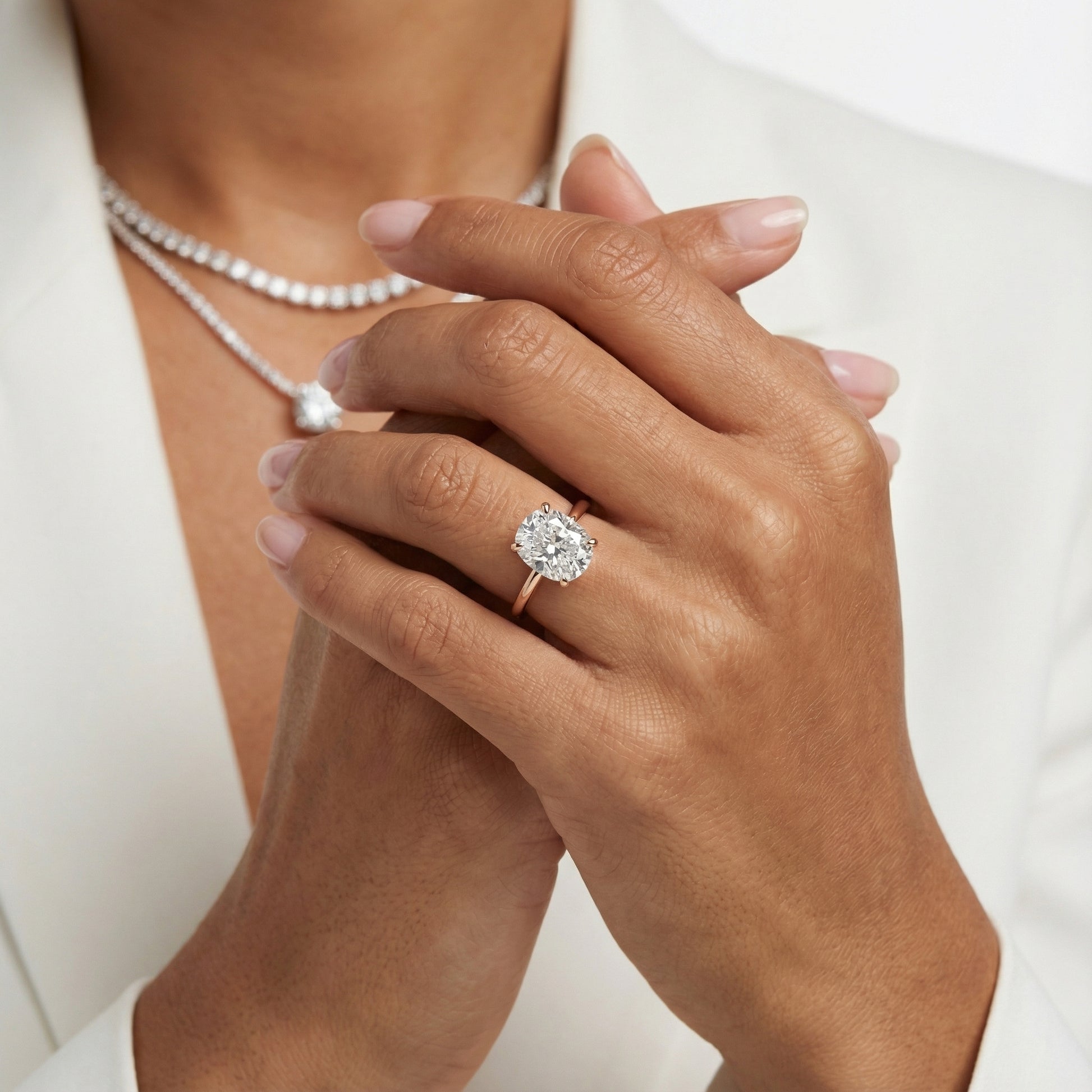 Cushion Cut Lab Grown Diamond Engagement Ring in Rose Gold showing side profile