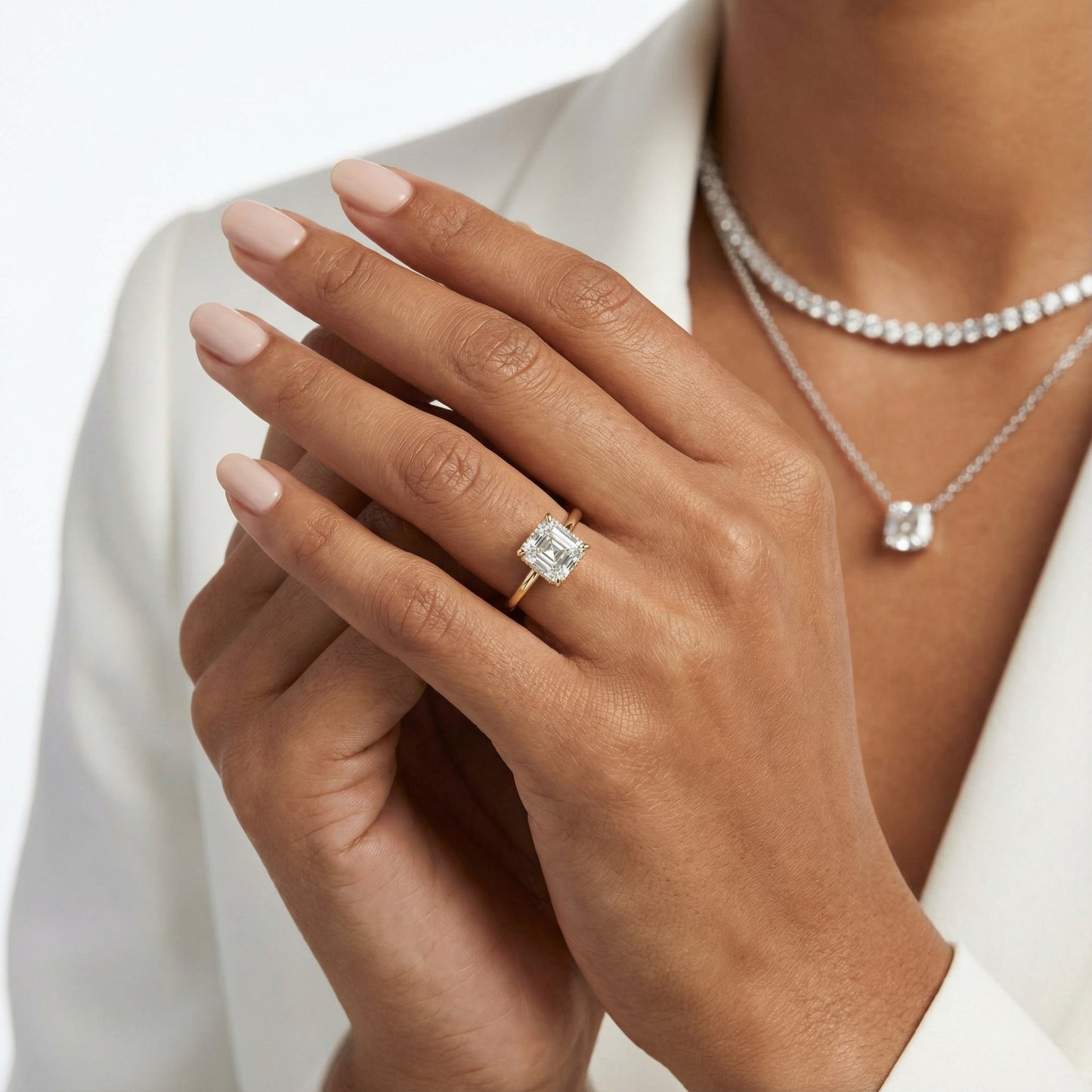 Asscher Cut Lab Grown Diamond Engagement Ring in Yellow Gold with polished shank