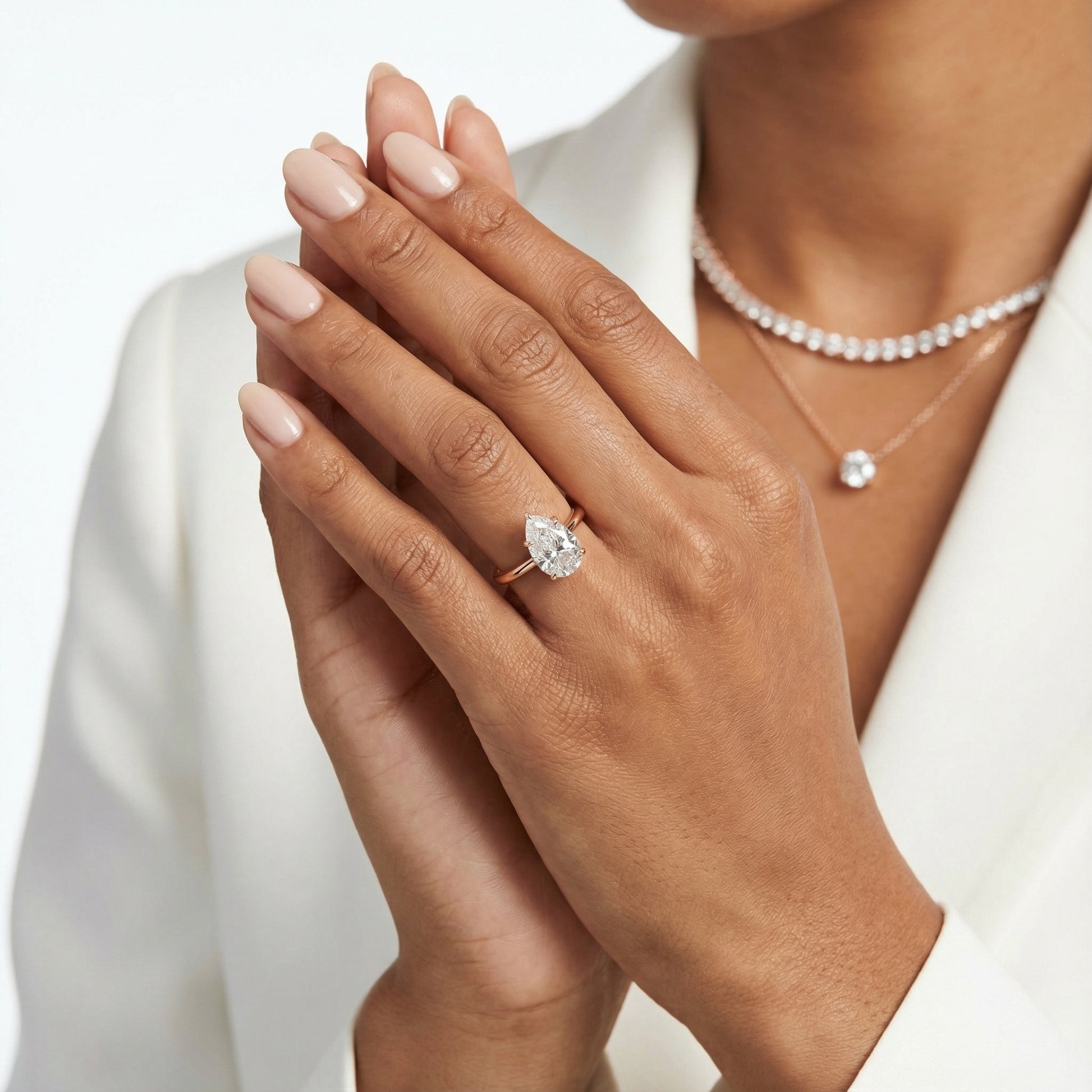 Pear Cut Lab Grown Diamond Solitaire Engagement Ring in Rose Gold showing side profile