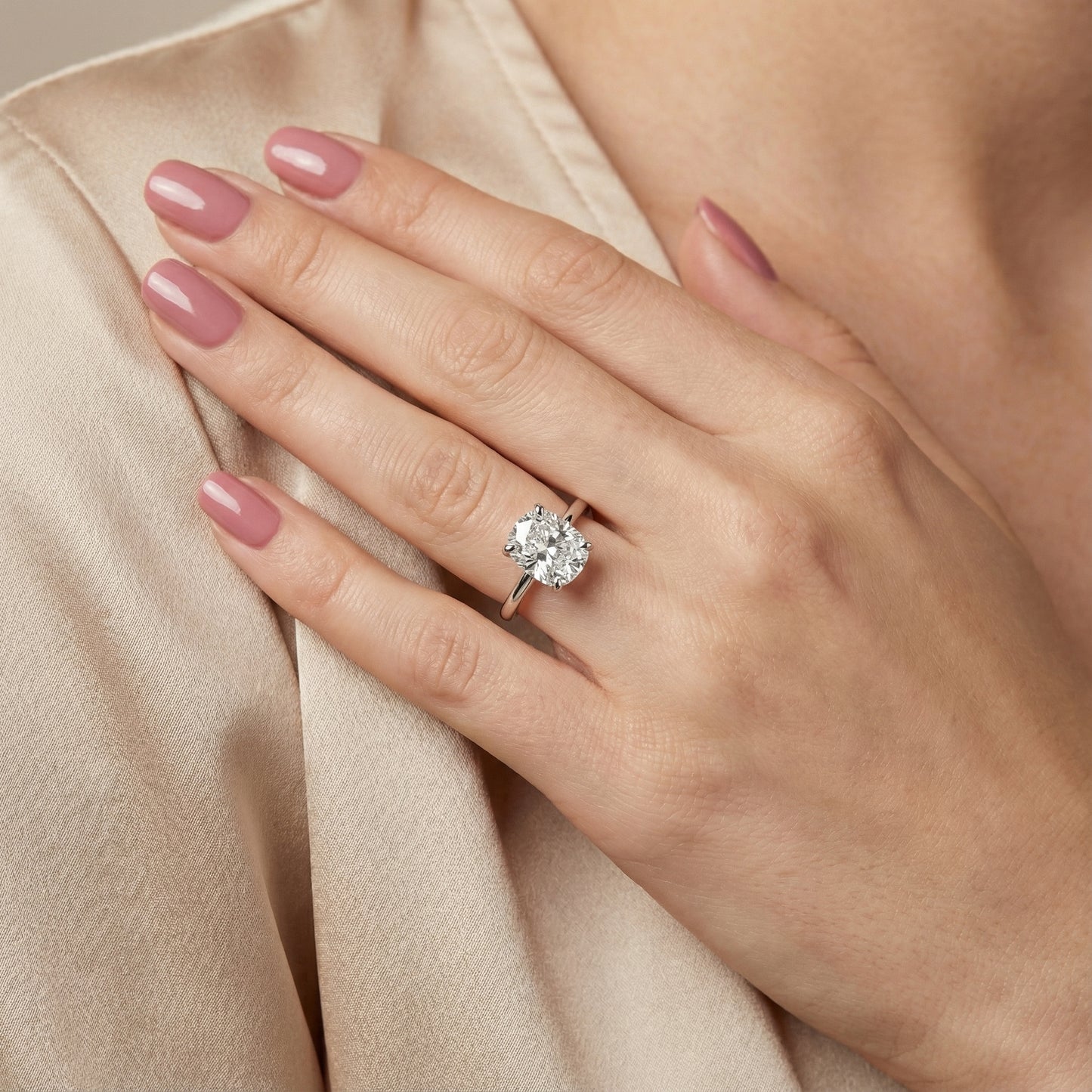 Cushion Cut Lab Grown Diamond Engagement Ring in Silver with hidden accents