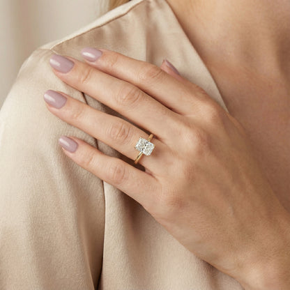 Charlotte Charm Radiant Cut Lab Grown Diamond Solitaire Engagement Ring in Yellow Gold showing dome shank.