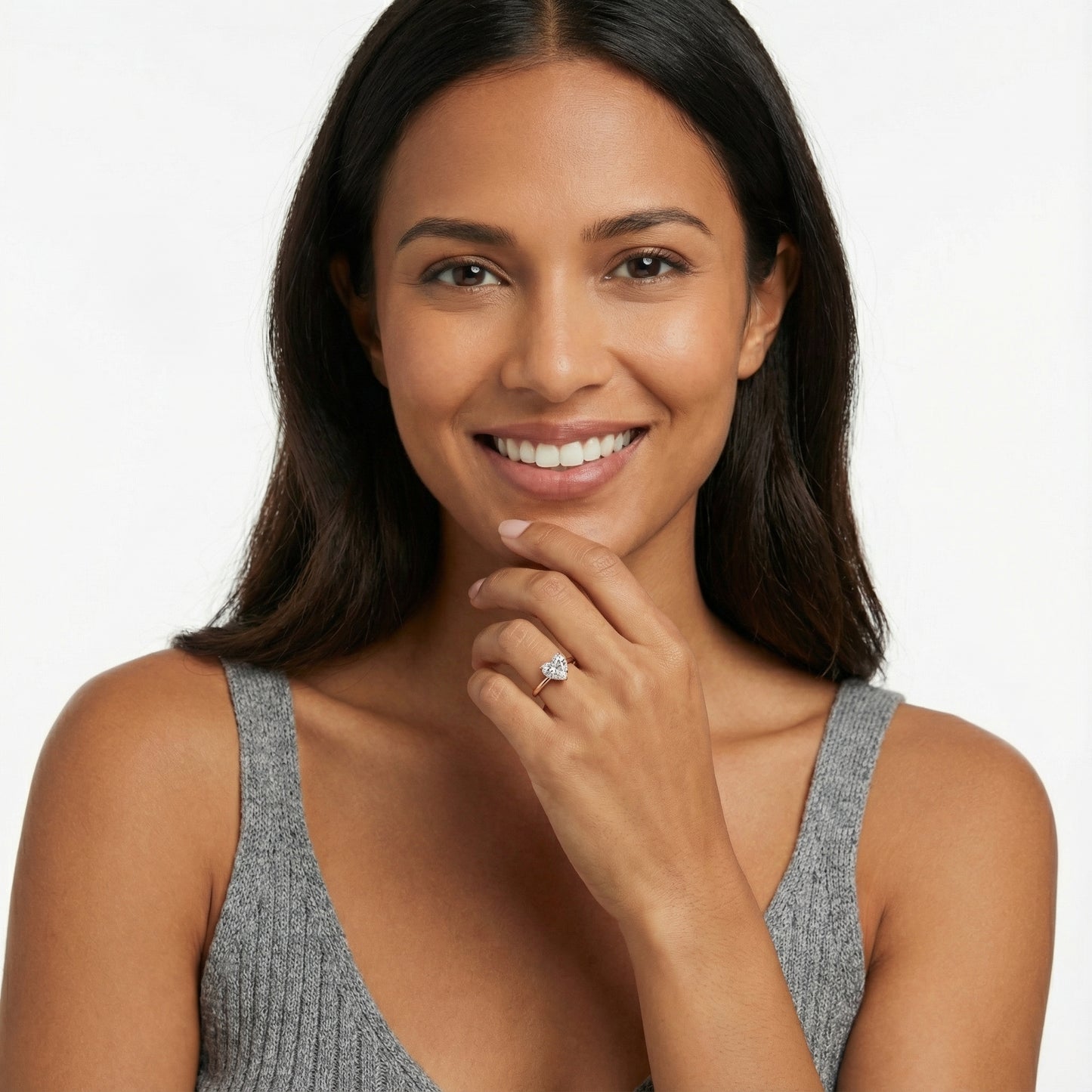 Rose Gold Heart Cut Lab Grown Diamond Solitaire Engagement Ring showing hidden accents