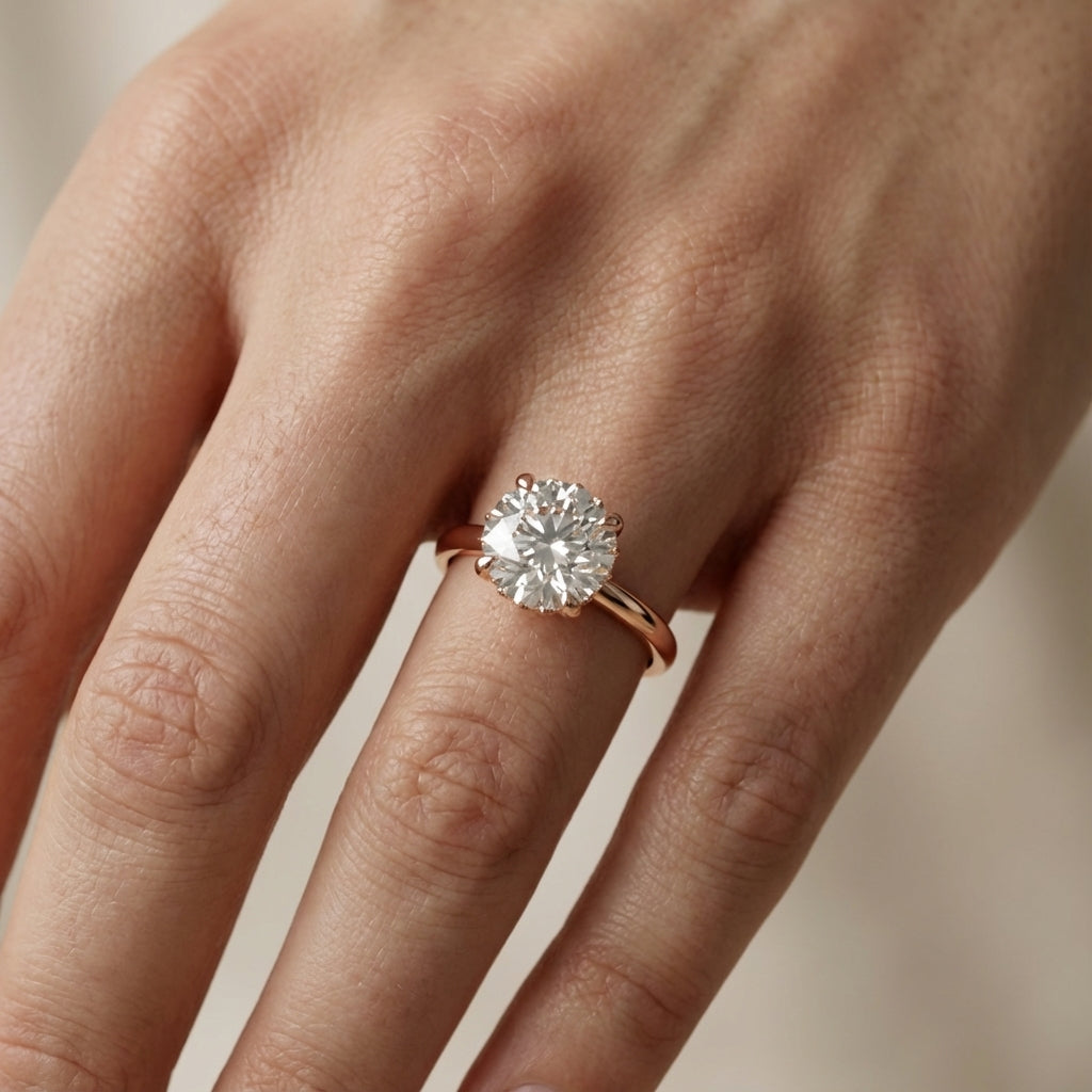 Round Cut Lab Grown Diamond Solitaire Engagement Ring with Hidden Halo in Rose Gold