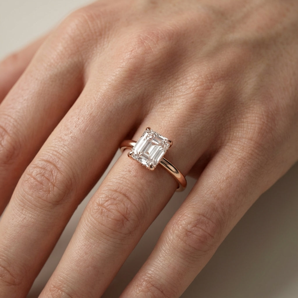 Asscher Cut Lab Grown Diamond Engagement Ring in Rose Gold showing hidden halo detail