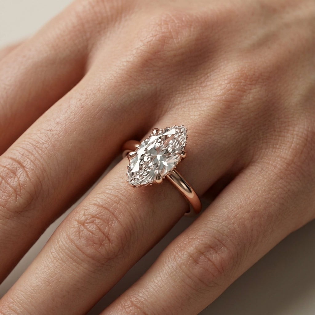Charlotte Charm Marquise Cut Lab Grown Diamond Solitaire Engagement Ring in Rose Gold showing hidden accents