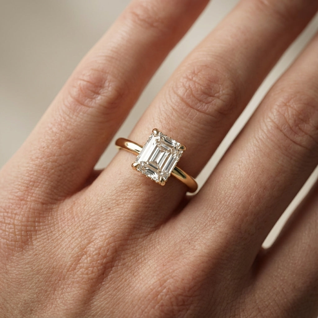 Asscher Cut Lab Grown Diamond Engagement Ring in Yellow Gold with polished shank