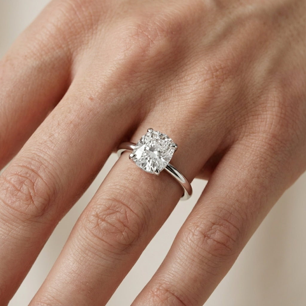 Cushion Cut Lab Grown Diamond Engagement Ring in Silver with hidden accents