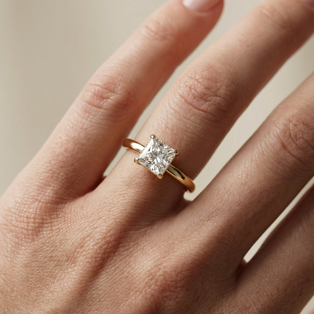 Princess Cut Lab Grown Diamond Engagement Ring in Yellow Gold with four prong setting