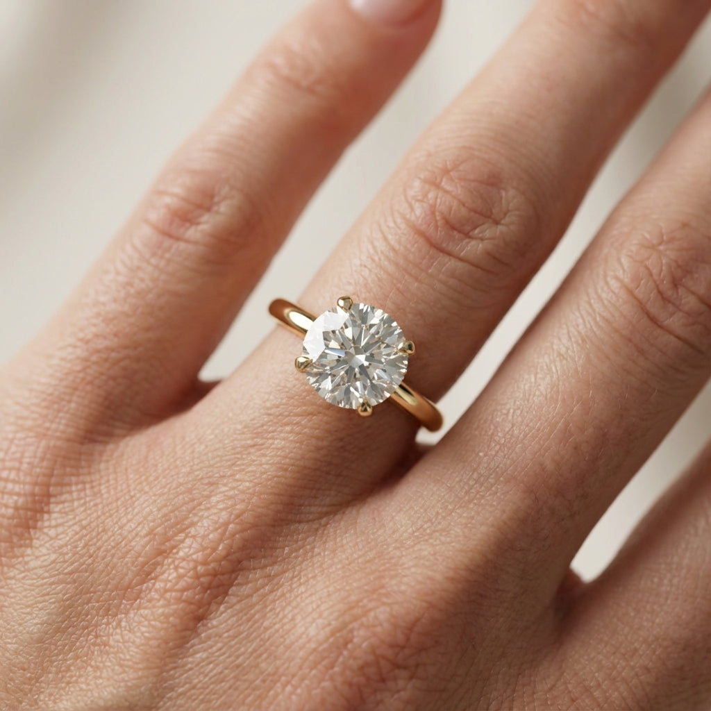 Round Cut Lab Grown Diamond Solitaire Engagement Ring with Hidden Halo in Yellow Gold