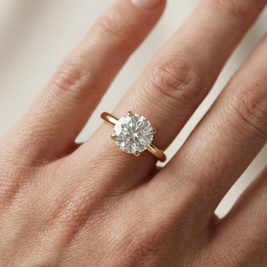 Round Cut Lab Grown Diamond Solitaire Engagement Ring with Hidden Halo in Yellow Gold