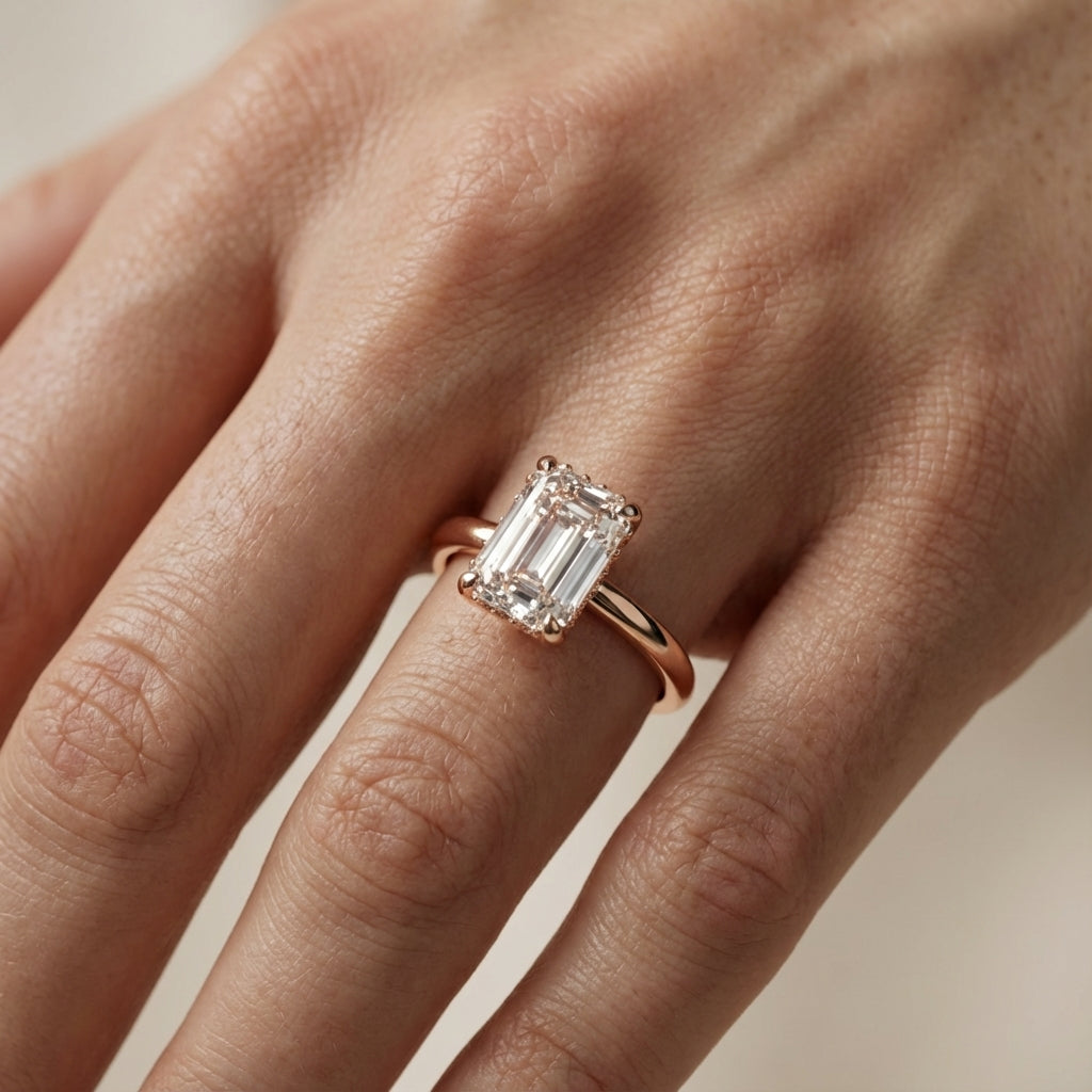 Emerald Cut Lab Grown Diamond Solitaire Engagement Ring in Rose Gold showing side profile with hidden accents