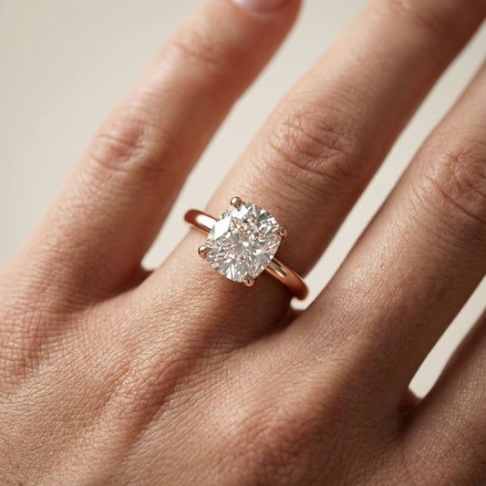 Cushion Cut Lab Grown Diamond Engagement Ring in Rose Gold showing side profile