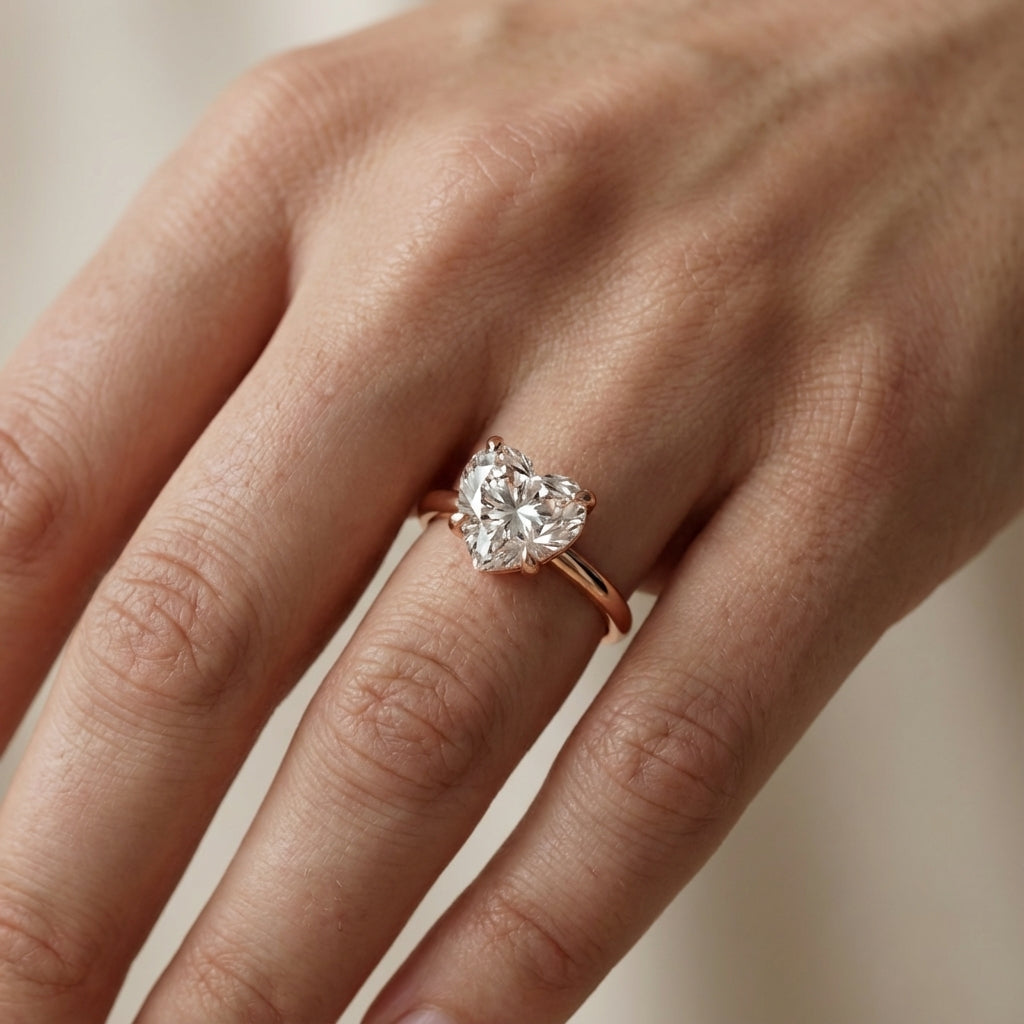 Rose Gold Heart Cut Lab Grown Diamond Solitaire Engagement Ring showing hidden accents