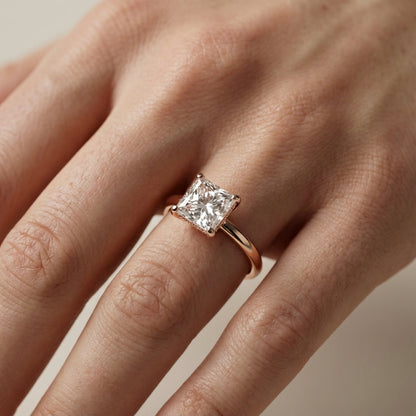 Princess Cut Lab Grown Diamond Engagement Ring in Rose Gold showing hidden halo