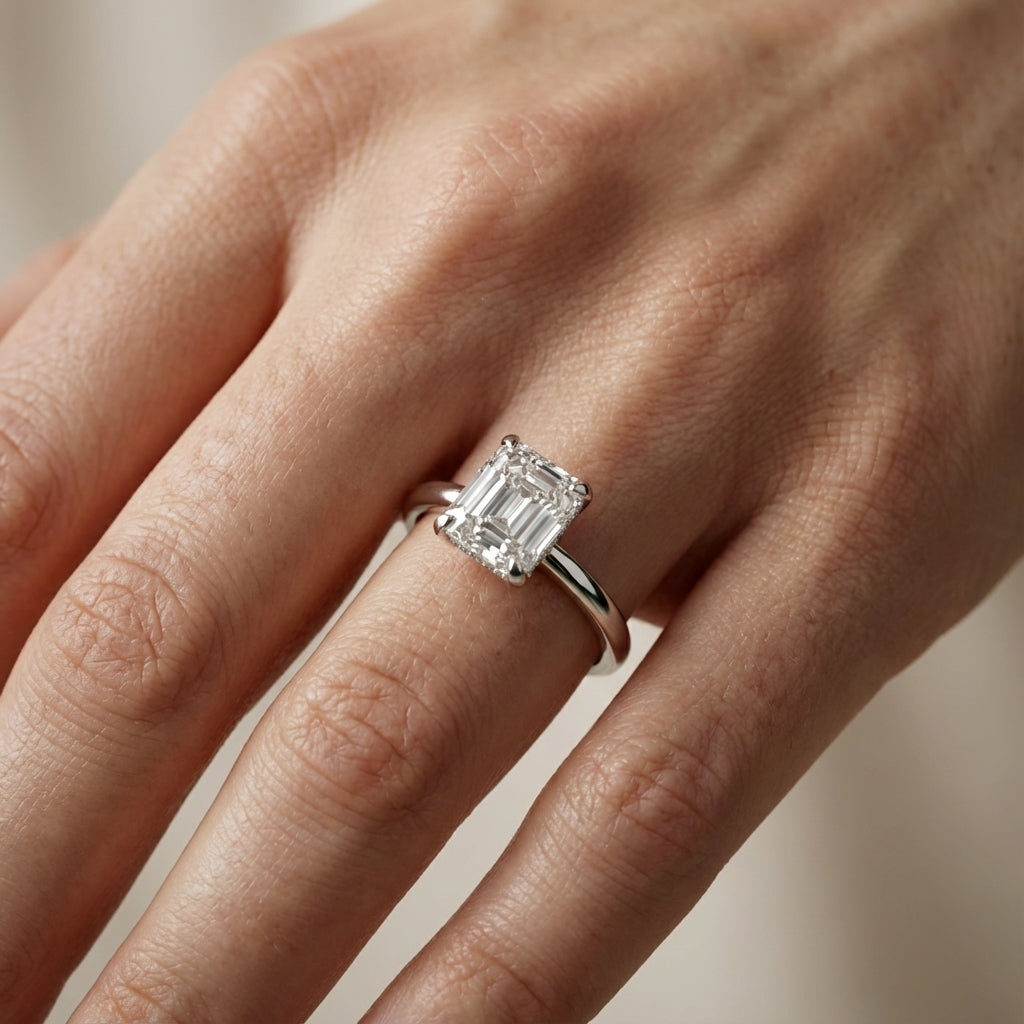 Asscher Cut Lab Grown Diamond Engagement Ring in Platinum showing side profile