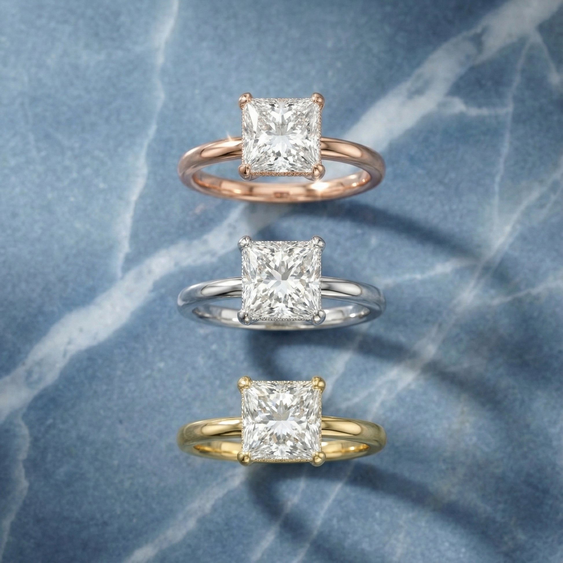 Princess Cut Lab Grown Diamond Engagement Ring in Silver with hidden accents