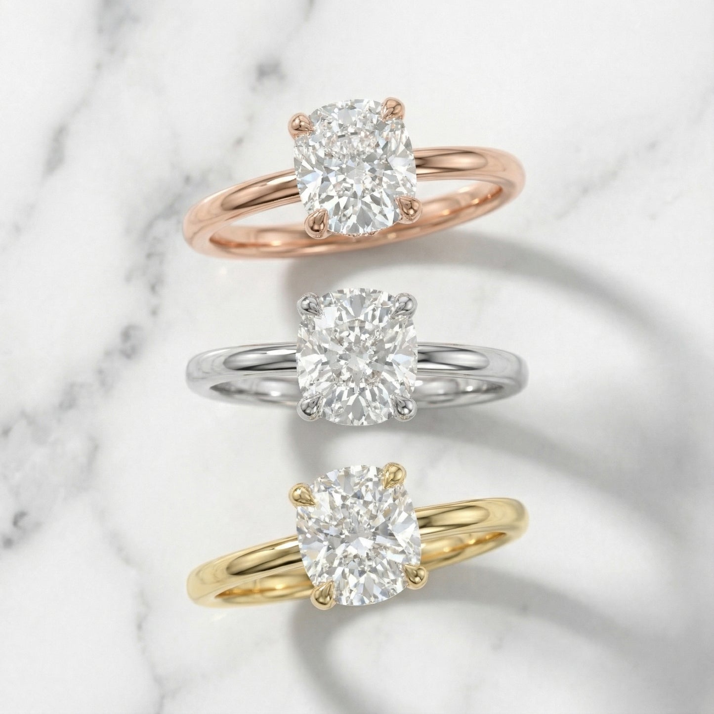 Cushion Cut Lab Grown Diamond Engagement Ring in Yellow Gold with hidden details