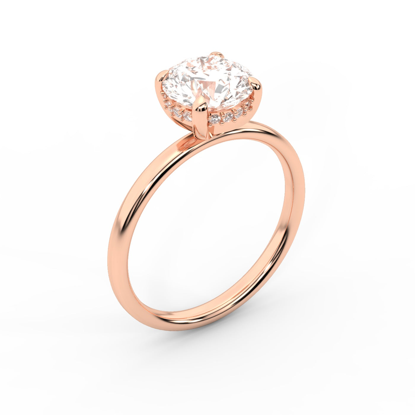Round Cut Lab Grown Diamond Solitaire Engagement Ring with Hidden Halo in Rose Gold