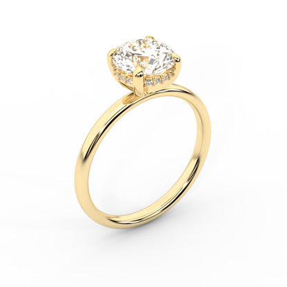 Round Cut Lab Grown Diamond Solitaire Engagement Ring with Hidden Halo in Yellow Gold