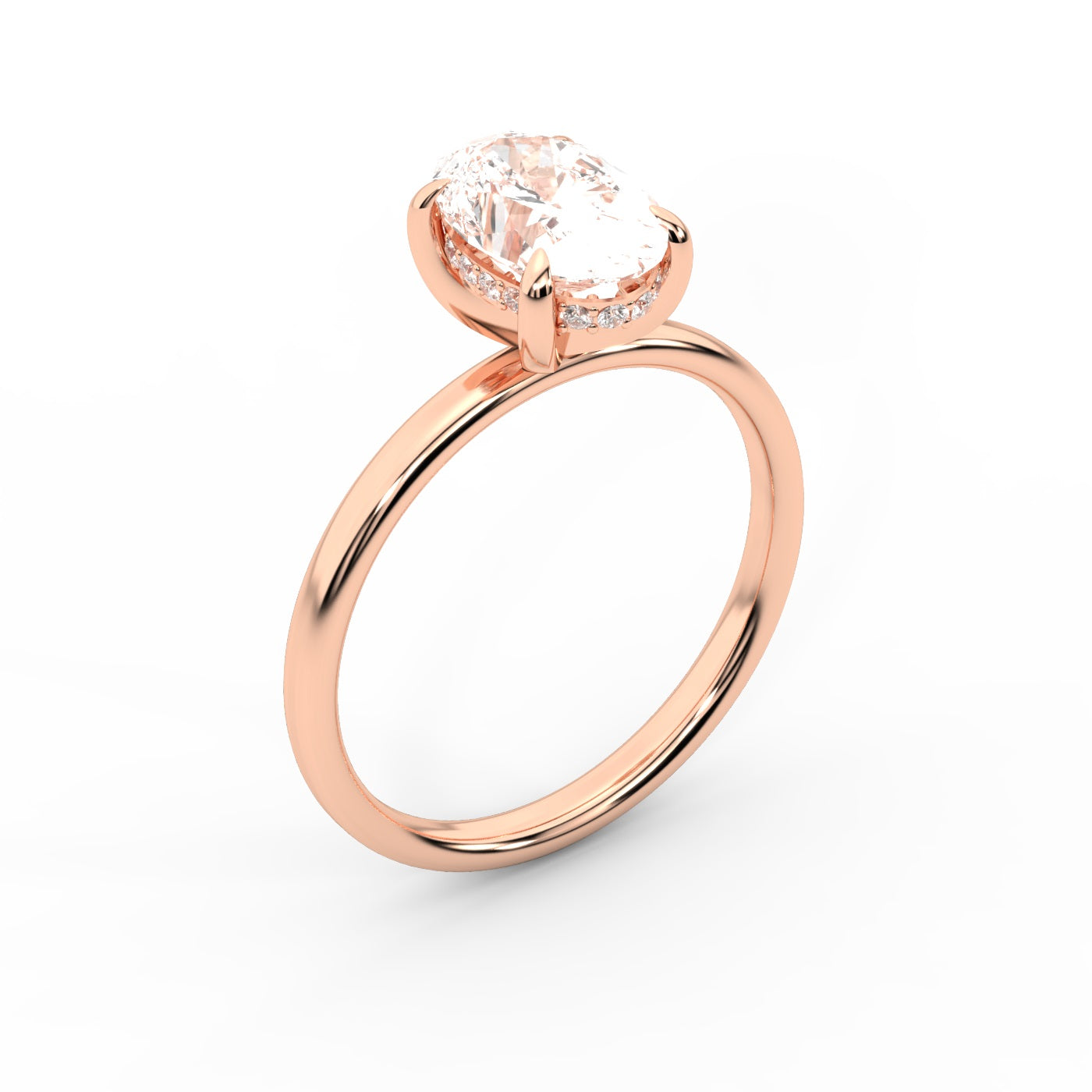 Oval Cut Lab Grown Diamond Solitaire Engagement Ring in Rose Gold showing hidden halo detail