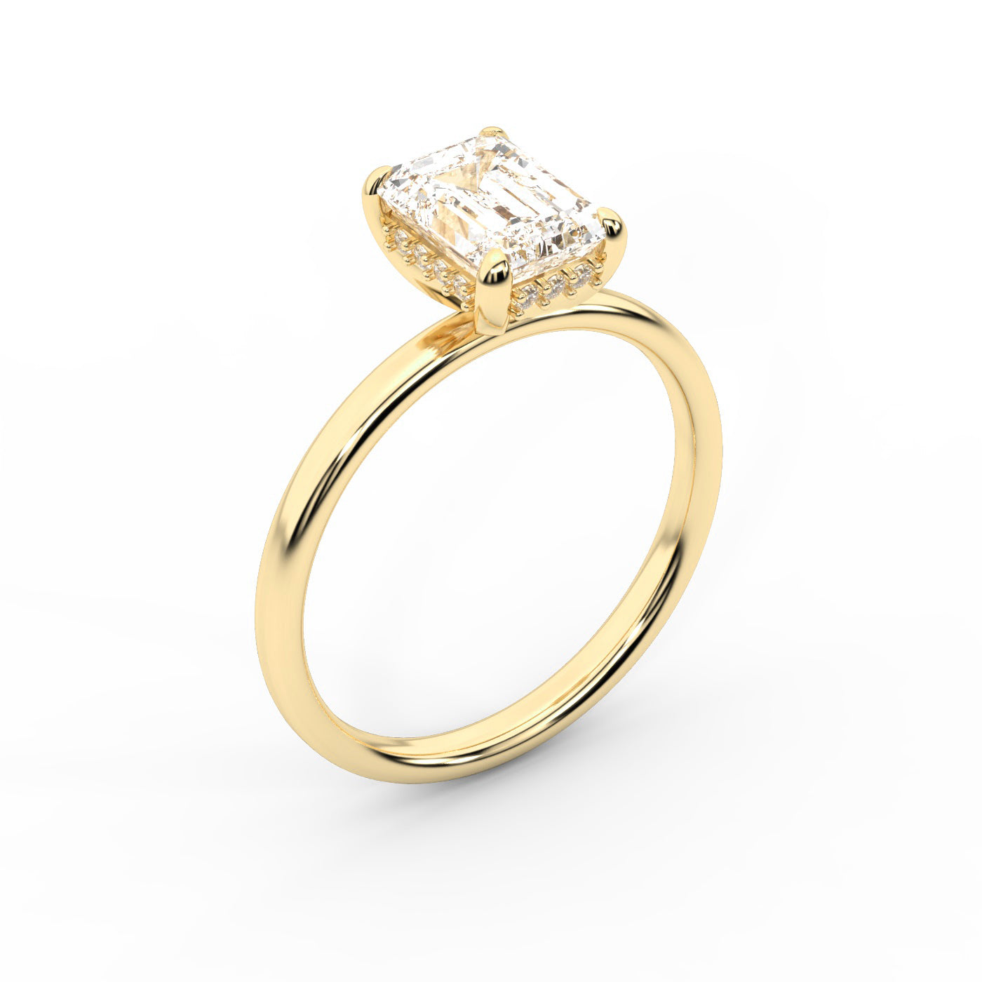 Emerald Cut Lab Grown Diamond Solitaire Engagement Ring in Yellow Gold on a light background