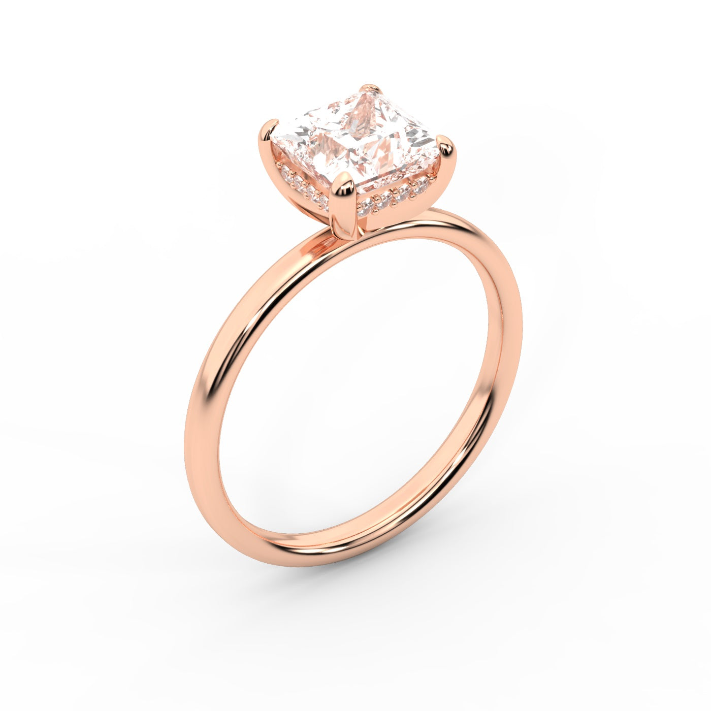 Princess Cut Lab Grown Diamond Engagement Ring in Rose Gold showing hidden halo