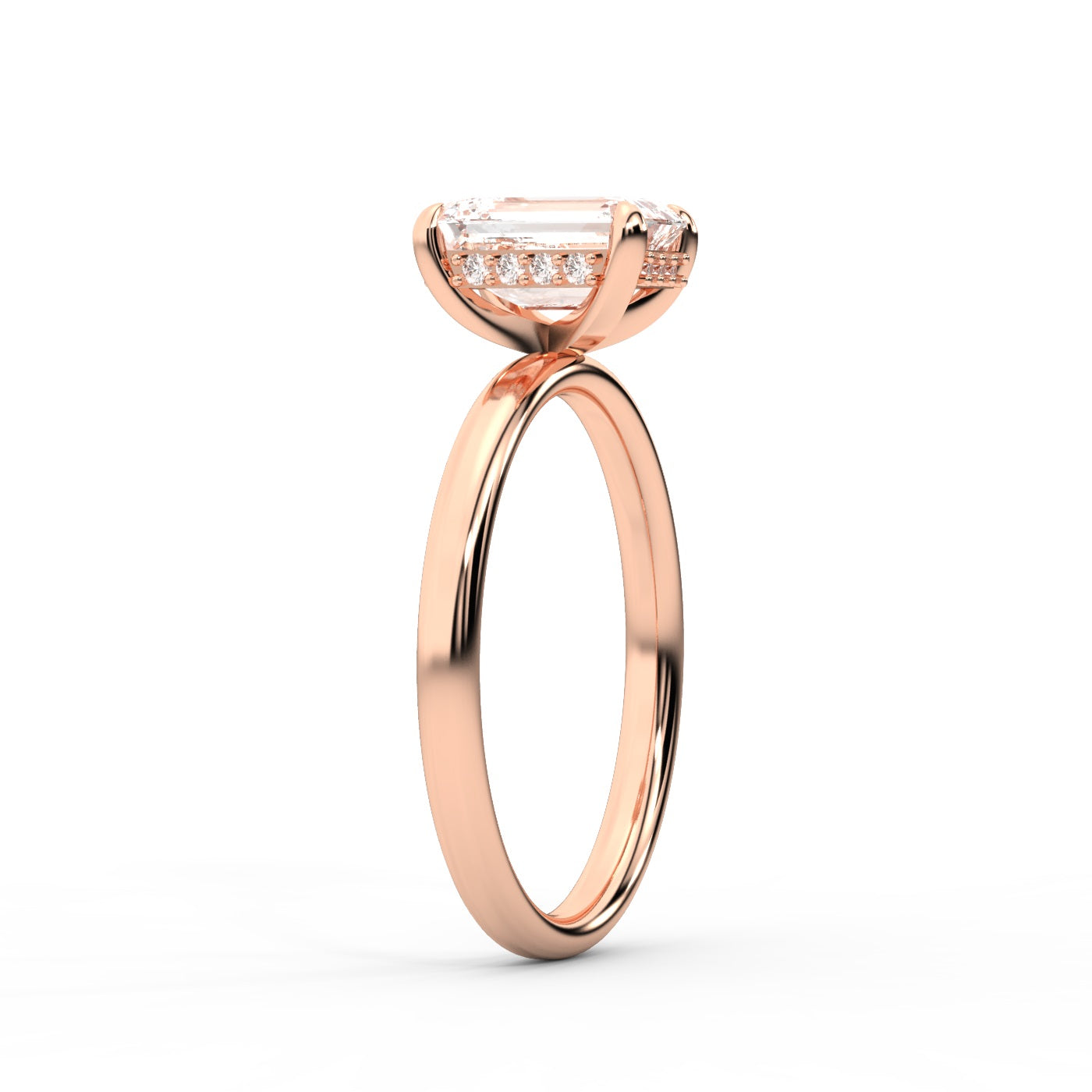 Emerald Cut Lab Grown Diamond Solitaire Engagement Ring in Rose Gold showing side profile with hidden accents