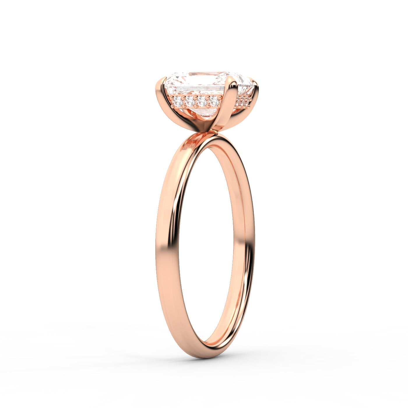 Charlotte Charm Radiant Cut Lab Grown Diamond Solitaire Engagement Ring in Rose Gold showing side profile and hidden halo.