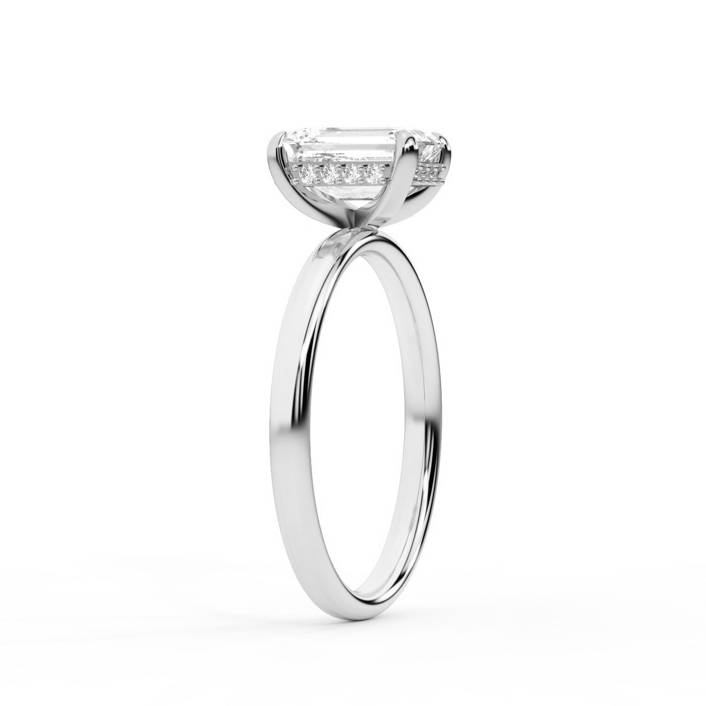Emerald Cut Lab Grown Diamond Solitaire Engagement Ring in Silver with hidden halo detail