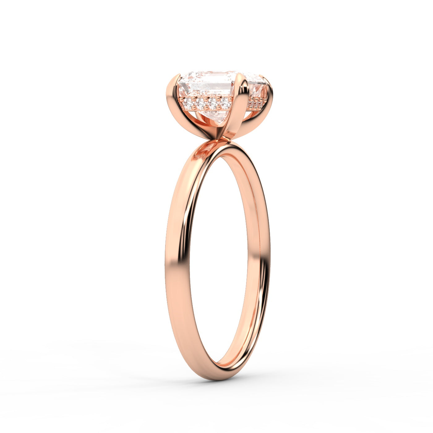 Asscher Cut Lab Grown Diamond Engagement Ring in Rose Gold showing hidden halo detail