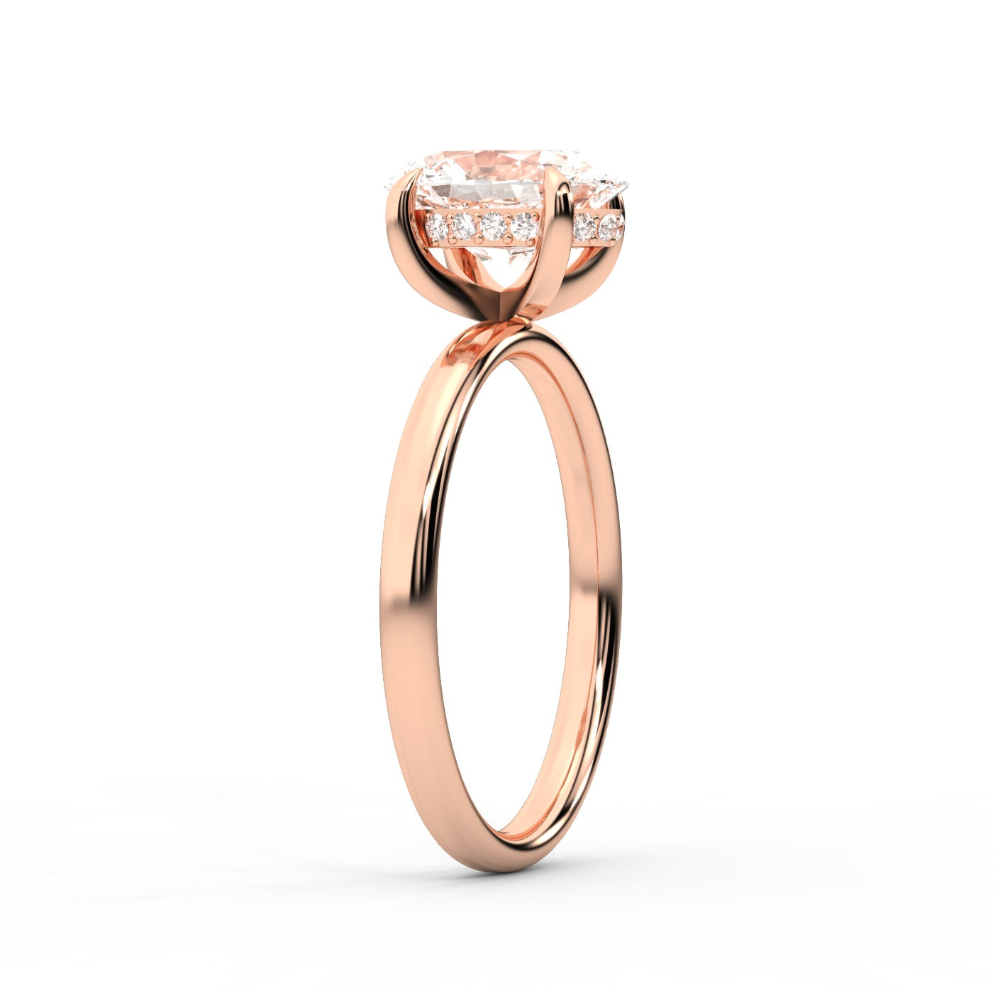 Oval Cut Lab Grown Diamond Solitaire Engagement Ring in Rose Gold showing hidden halo detail