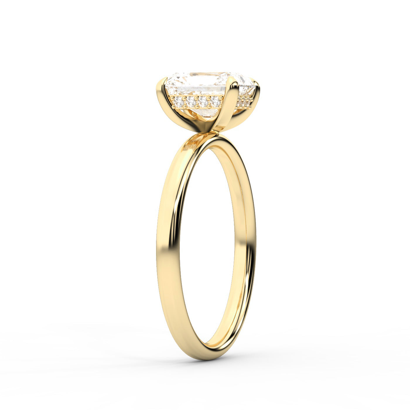 Charlotte Charm Radiant Cut Lab Grown Diamond Solitaire Engagement Ring in Yellow Gold showing dome shank.