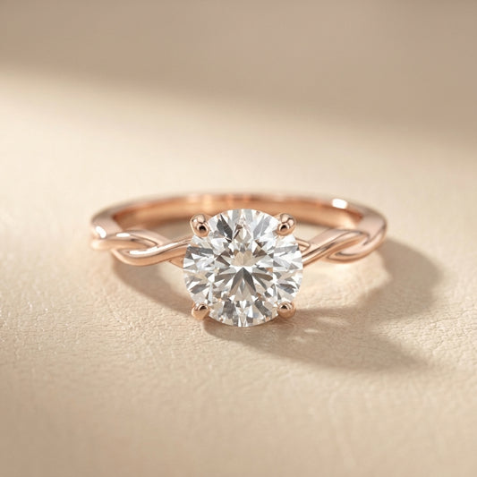 Round Cut Lab Grown Diamond Solitaire Engagement Ring with Twisted Shank in Rose Gold