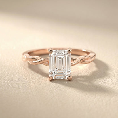 Emerald Cut Lab Grown Diamond Engagement Ring with Twisted Shank in Rose Gold