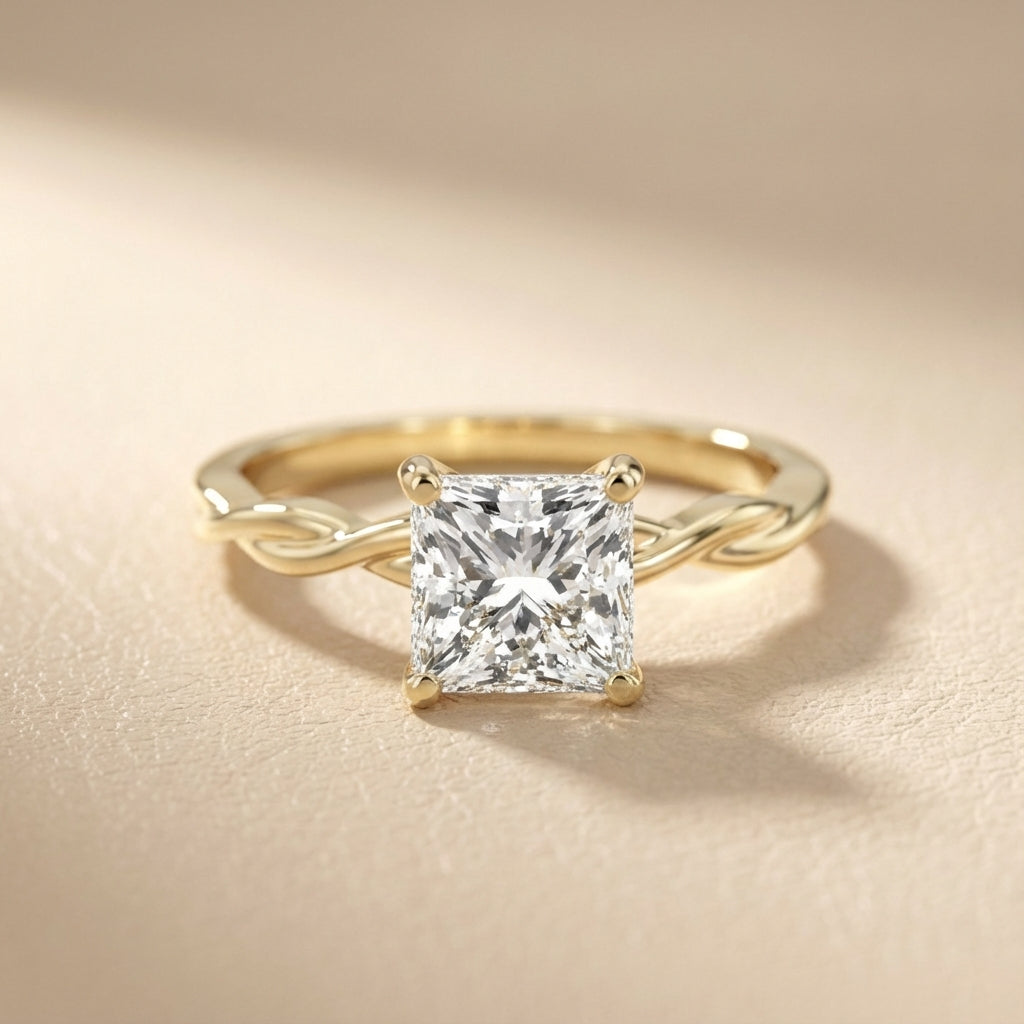 Princess Cut Lab Grown Diamond Engagement Ring with Twisted Shank in Yellow Gold