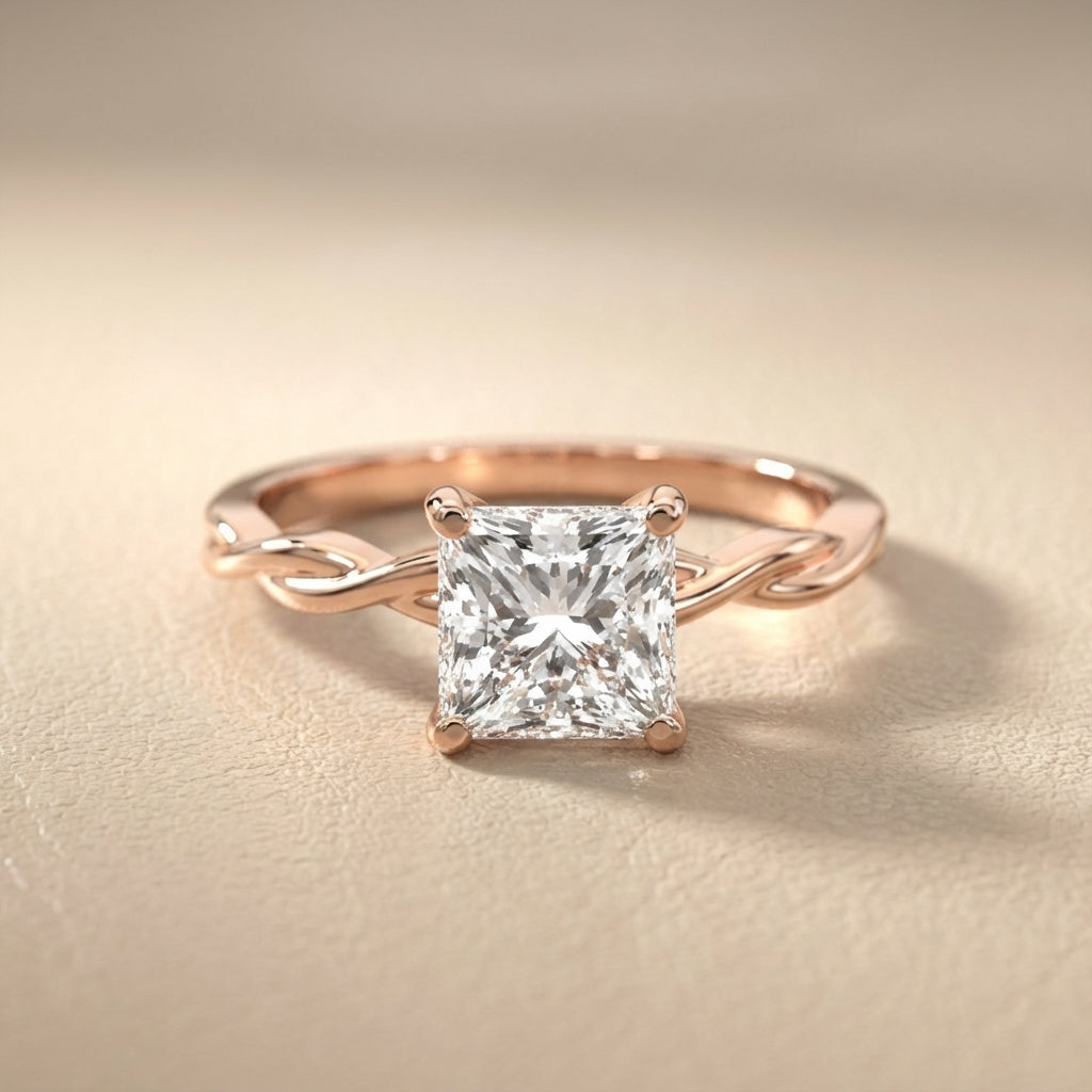 Princess Cut Lab Grown Diamond Engagement Ring with Twisted Shank in Rose Gold