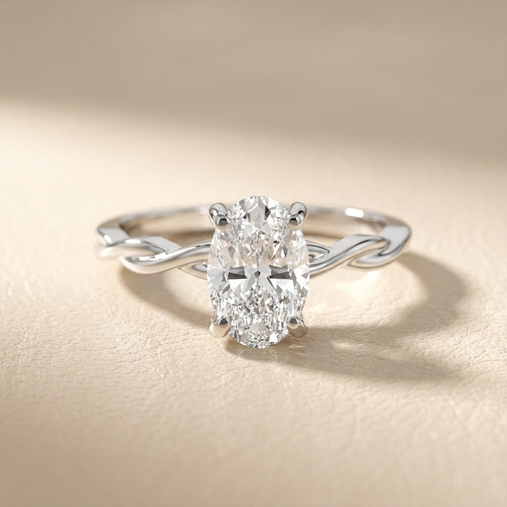 Oval Cut Lab Grown Diamond Engagement Ring in White Gold with twisted shank