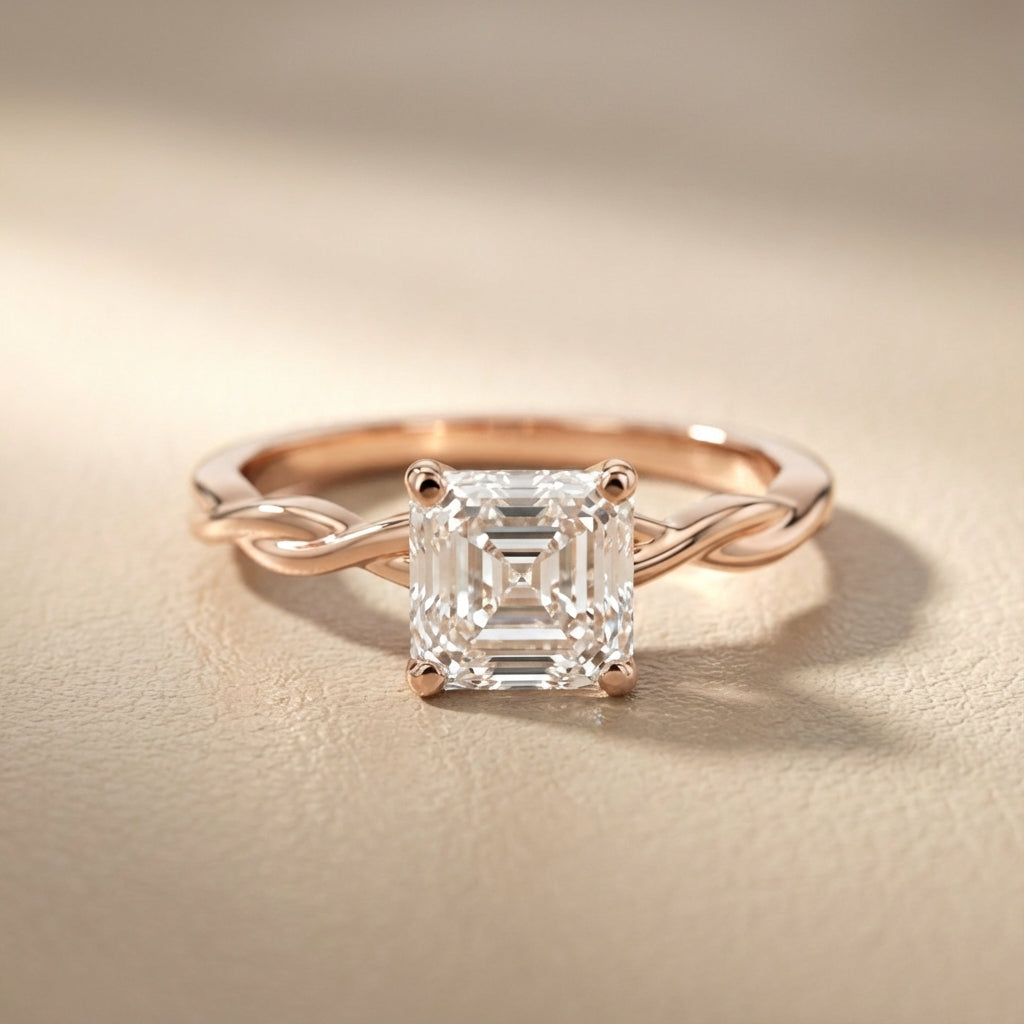 Asscher Cut Lab Grown Diamond Solitaire Engagement Ring with Twisted Band in Rose Gold