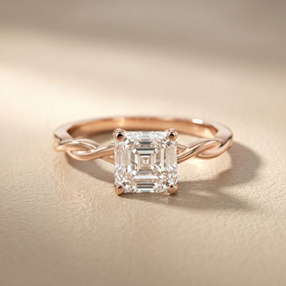 Asscher Cut Lab Grown Diamond Solitaire Engagement Ring with Twisted Band in Rose Gold