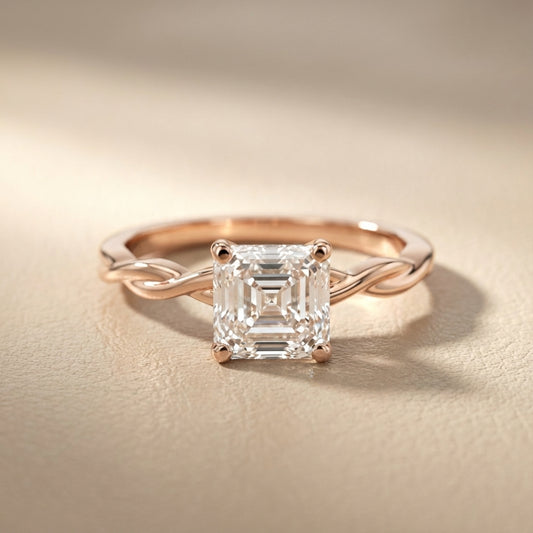 Asscher Cut Lab Grown Diamond Solitaire Engagement Ring with Twisted Band in Rose Gold