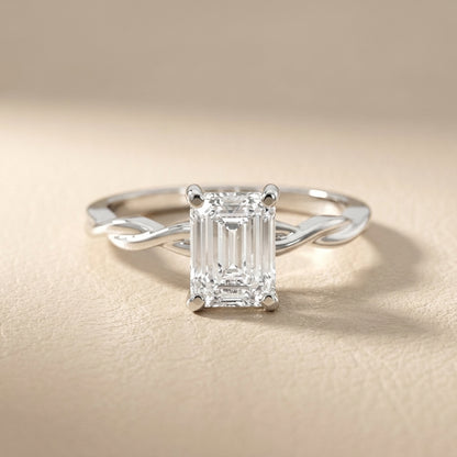 Emerald Cut Lab Grown Diamond Engagement Ring with Twisted Shank in White Gold