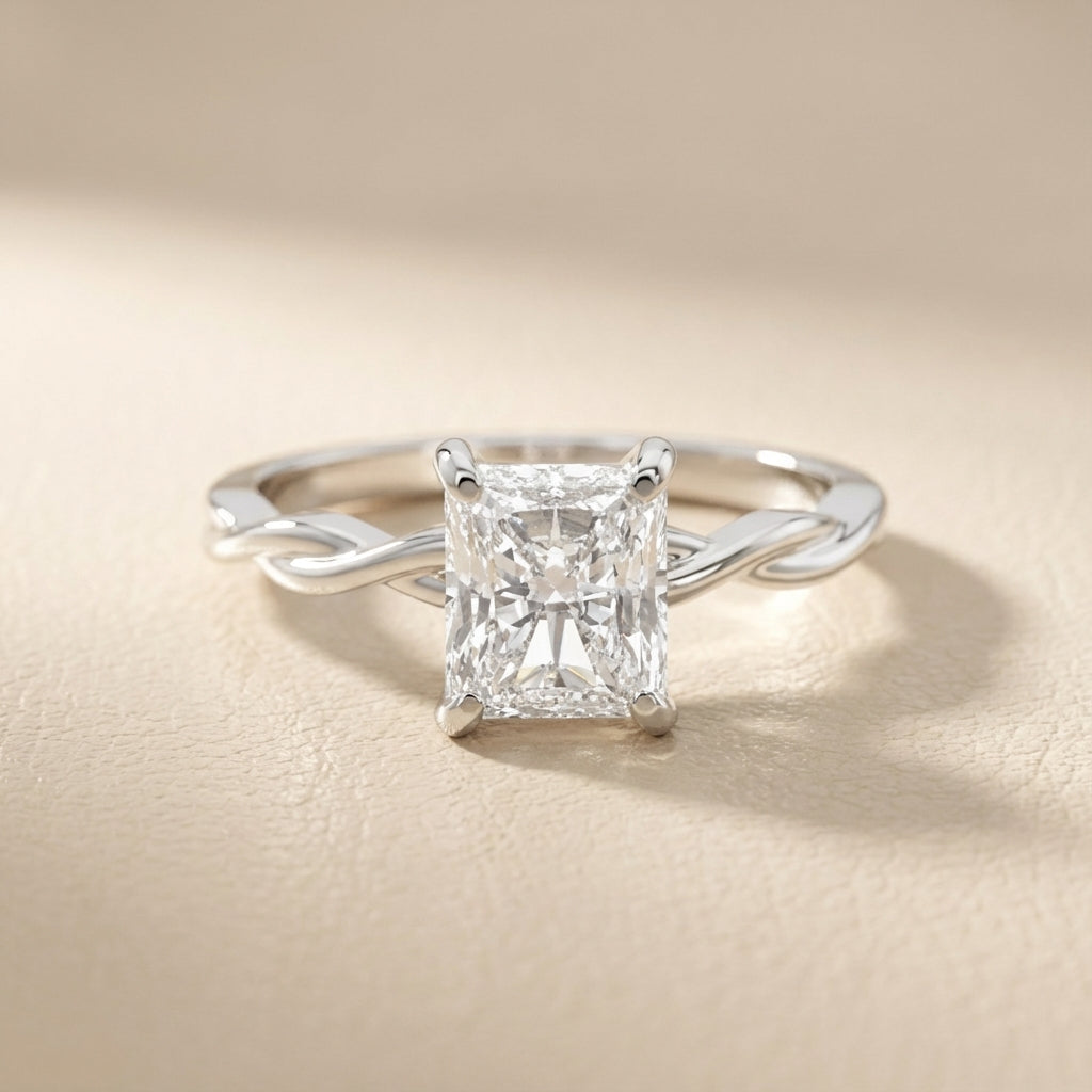 Radiant Cut Lab Grown Diamond Solitaire Engagement Ring in Silver with Twisted Shank