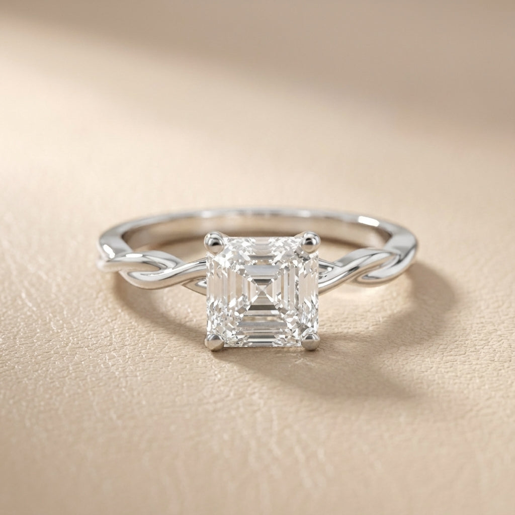 Asscher Cut Lab Grown Diamond Solitaire Engagement Ring with Twisted Band in Silver