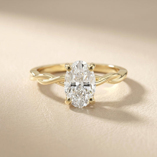 Oval Cut Lab Grown Diamond Engagement Ring in Yellow Gold with twisted shank